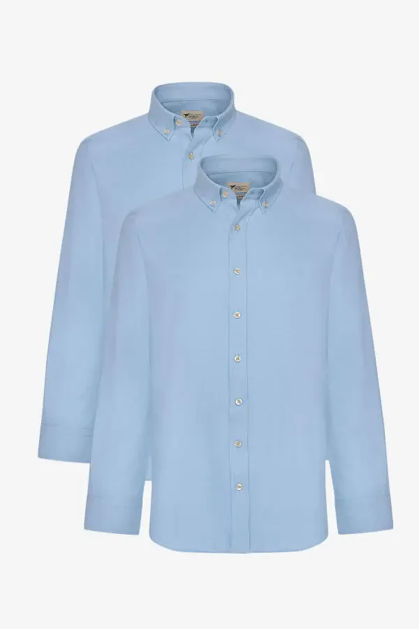 Erkak Moviy 2'li Paxtalik Oxford Oson Dazmollanadigan Slim Fit Tor Bichimli Ko'ylak To'plami - 1