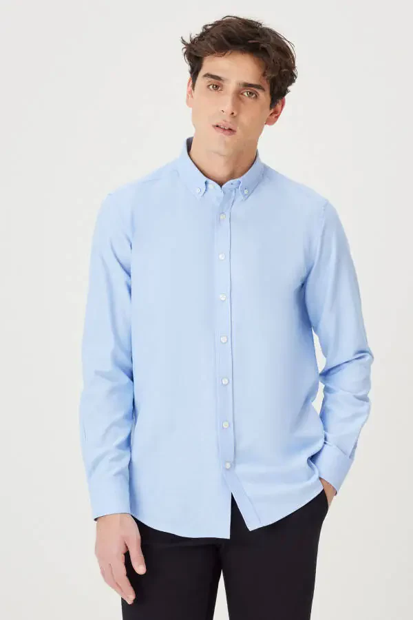 Erkak Moviy 2'li Paxtalik Oxford Oson Dazmollanadigan Slim Fit Tor Bichimli Ko'ylak To'plami - 5