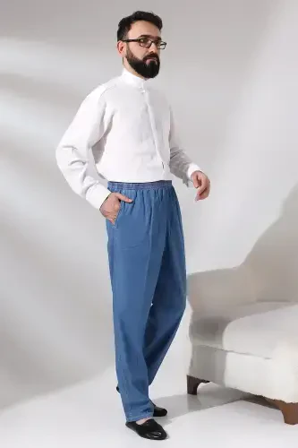 Erkak Moviy Chinor Beli Rezinkali Qulay Kesimli Jinsi Shim-Moviy - 4