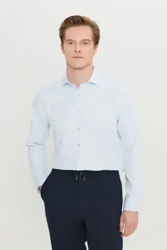 Erkak Moviy Oson Dazmollanadigan Slim Fit Tor Kesimli Italyan Yoqali Armürli Ko'ylak-Moviy - 1