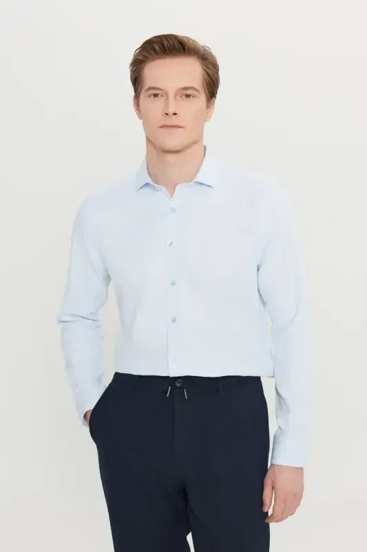 Erkak Moviy Oson Dazmollanadigan Slim Fit Tor Kesimli Italyan Yoqali Armürli Ko'ylak-Moviy - 1