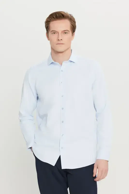 Erkak Moviy Oson Dazmollanadigan Slim Fit Tor Kesimli Italyan Yoqali Armürli Ko'ylak-Moviy - 3