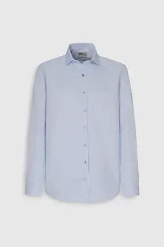 Erkak Moviy Oson Dazmollanadigan Slim Fit Tor Kesimli Italyan Yoqali Armürli Ko'ylak-Moviy - 6