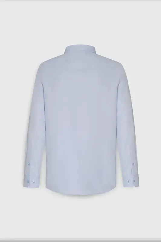 Erkak Moviy Oson Dazmollanadigan Slim Fit Tor Kesimli Italyan Yoqali Armürli Ko'ylak-Moviy - 9