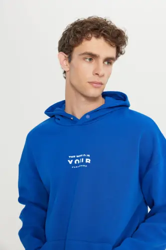 Erkak Moviy Oversize Fit Keng Kesimli Kapüşonli Ichki Polarli 3 Ipdan Ishlangan Paxta Sweatshirt-Moviy - 10