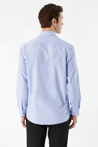 Erkak Moviy Slim Fit Tor Kesilgan Tekis Qattiq Yoqali Uzun Qisma Ko'ylak - 5