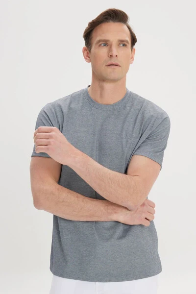 Erkak Moviy Slim Fit Tor Kesimli Velosiped Yoqali Paxta - 3