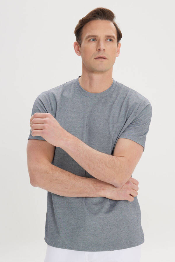 Erkak Moviy Slim Fit Tor Kesimli Velosiped Yoqali Paxta - 3