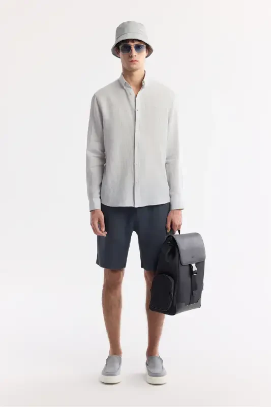 Erkak Muz Grey Comfort Fit 100% Zig'ir Tugmali Yoqali Ko'ylak B002191-Muz Grey - 5