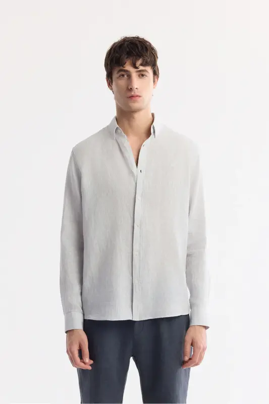 Erkak Muz Grey Comfort Fit 100% Zig'ir Tugmali Yoqali Ko'ylak B002191-Muz Grey - AVVA
