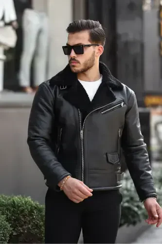 Erkak Napa teri chokmonli zamokli toʻliq moʻynali yuqori sifatli tor bichimli qora kurtka va palto - QORA - MERO LIFE (1)