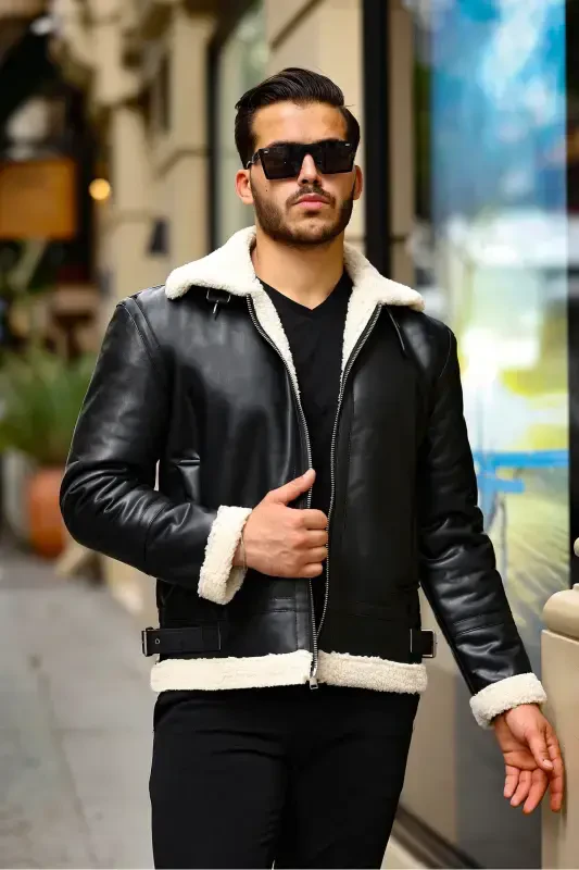 Erkak Napa Teri Ichi Full Mo'ynali Slim Fit Kurtka & Palto-OQ - 3