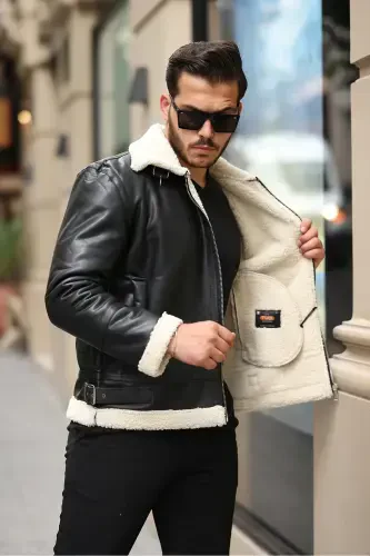 Erkak Napa Teri Ichi Full Mo'ynali Slim Fit Kurtka & Palto-OQ - 5