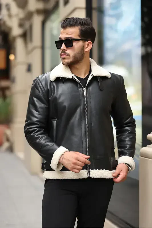 Erkak Napa Teri Ichi Full Mo'ynali Slim Fit Kurtka & Palto-OQ - 6