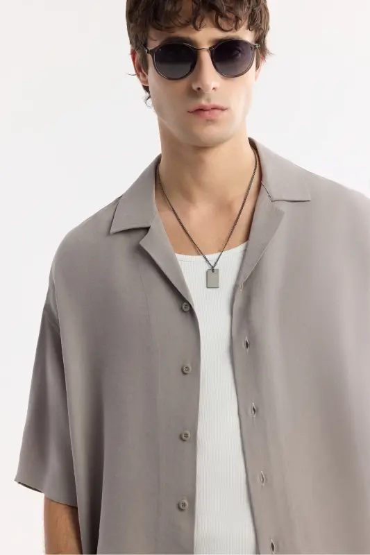 Erkak Nardo Oversize Fit Kulrang Apaj Yoqali Modal Aralash - 2