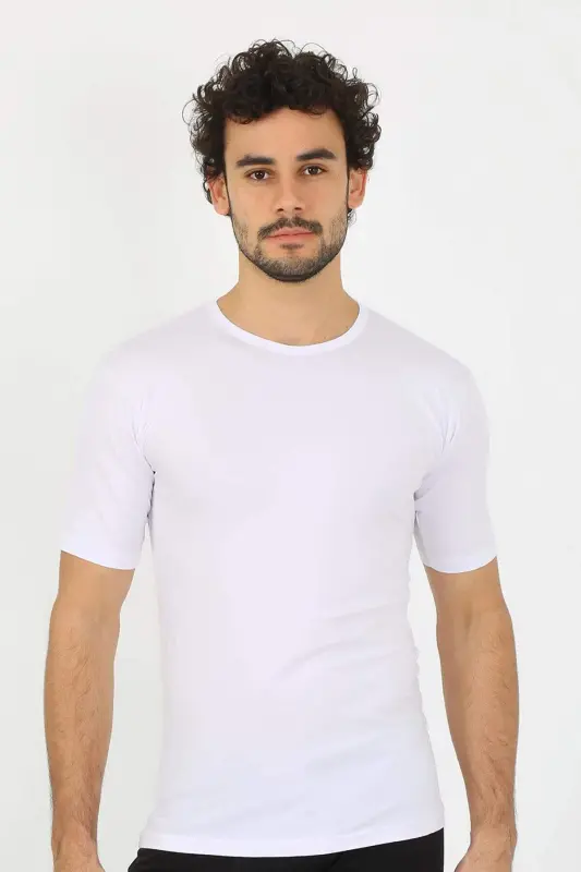 Erkak nol yoqali likrali oq futbolka 65710 - 5