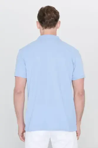 Erkak och ko'k 100% paxta bukilmaydigan pike polo yoqali slim fit tor kesimli futbolka - och ko'k - 5