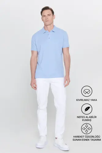 Erkak och ko'k 100% paxta bukilmaydigan pike polo yoqali slim fit tor kesimli futbolka - och ko'k 