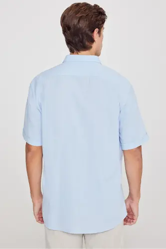 Erkak ochiq ko'k zig'ir ko'rinishli 100% paxta armürli tugmali yoqali ko'ylak Comfort Fit qulay bichim - Ochiq ko'k - 5