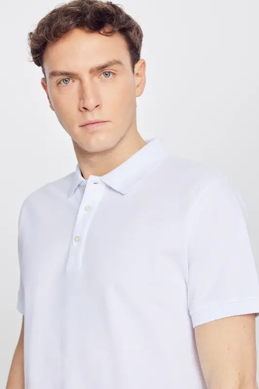 Erkak Oq %100 Paxta Bukilmaydigan Pike Polo Yoqali Slim Fit Tor Kesimli Futbolka - 6