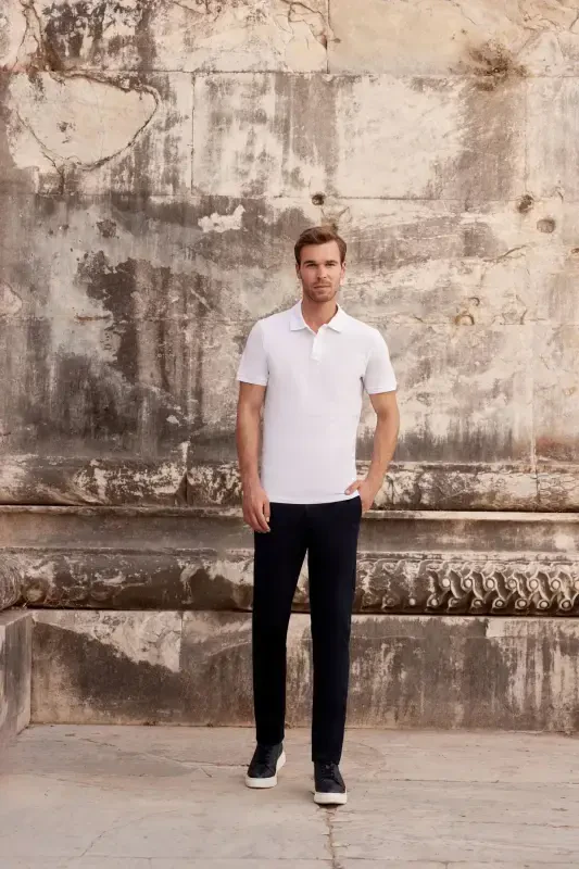 Erkak Oq Asosiy Tekis 100% Paxta Slim Fit Tor Kesimli Qisqa Yengli Polo Yoqali Futbolka - MORVEN