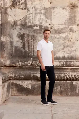 Erkak Oq Asosiy Tekis 100% Paxta Slim Fit Tor Kesimli Qisqa Yengli Polo Yoqali Futbolka - 3