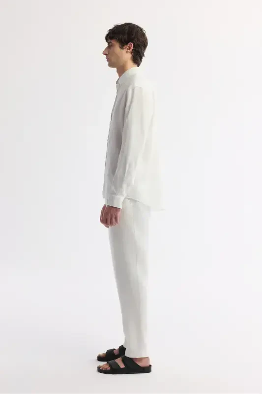 Erkak Oq Comfort Fit 100% Zig'ir Tugmali Yoqali Ko'ylak B002191-Oq - 3