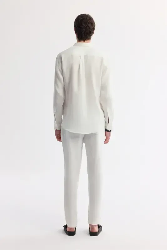 Erkak Oq Comfort Fit 100% Zig'ir Tugmali Yoqali Ko'ylak B002191-Oq - 4