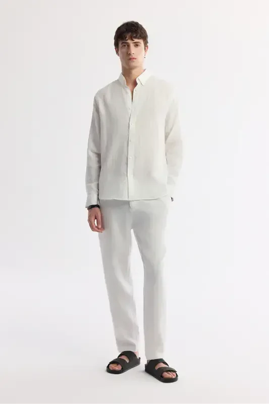 Erkak Oq Comfort Fit 100% Zig'ir Tugmali Yoqali Ko'ylak B002191-Oq - 5