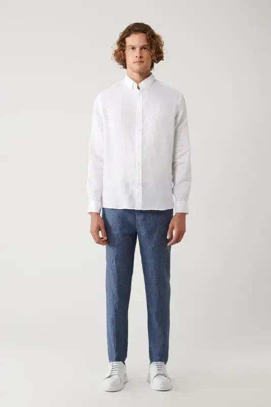 Erkak Oq Comfort Fit 100% Zig'ir Tugmali Yoqali Ko'ylak B002191-Oq - 8