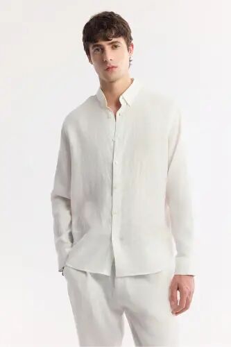 Erkak Oq Comfort Fit 100% Zig'ir Tugmali Yoqali Ko'ylak B002191-Oq - 6