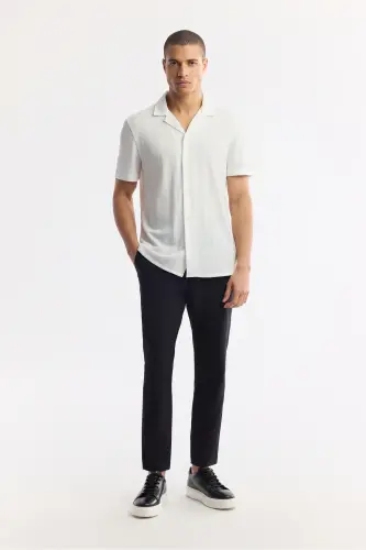 Erkak Oq Comfort Fit Apaj Yoqali Trikotaj Jakarli Ko'ylak - 5