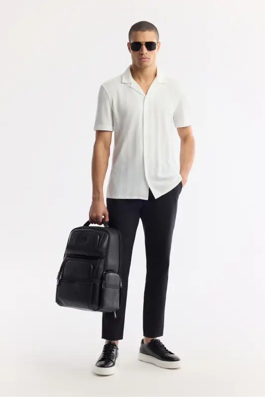 Erkak Oq Comfort Fit Apaj Yoqali Trikotaj Jakarli Ko'ylak - 7