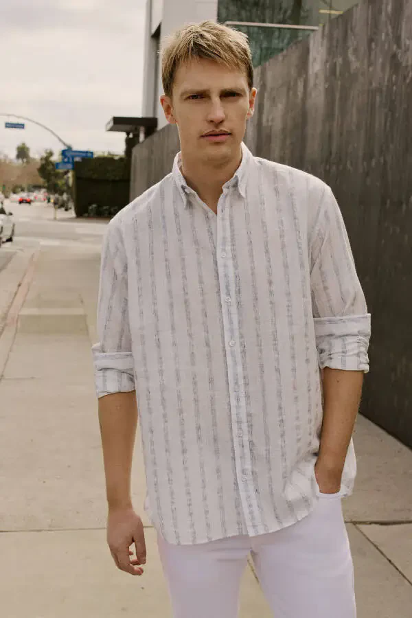 Erkak Oq-Ko'k Paxta Zig'ir Qulay Moslash - 2