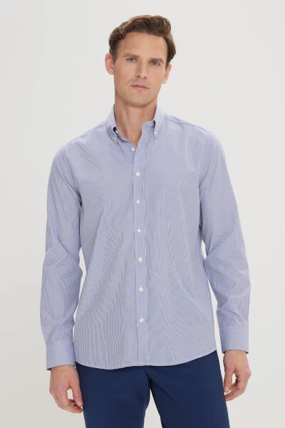 Erkak Oq-Ko'k Slim Fit Tor Kesimli Tugmali Yoqa Ch - Modazone