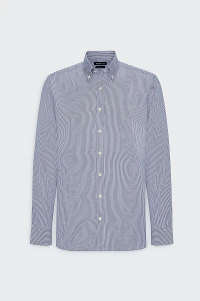 Erkak Oq-Ko'k Slim Fit Tor Kesimli Tugmali Yoqa Ch - 6