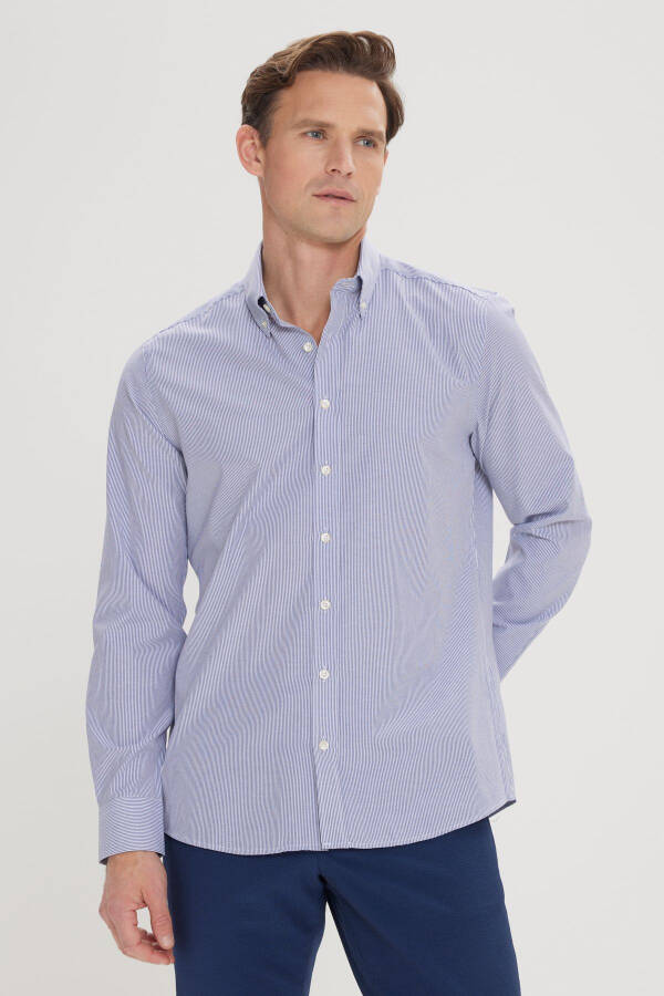Erkak Oq-Ko'k Slim Fit Tor Kesimli Tugmali Yoqa Ch - 3