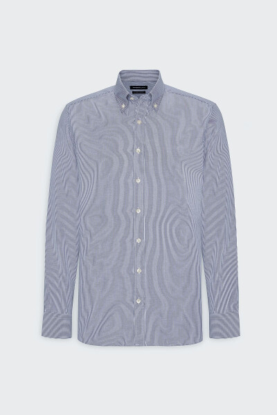 Erkak Oq-Ko'k Slim Fit Tor Kesimli Tugmali Yoqa Ch - 6