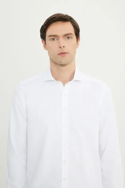 Erkak Oq Oson Dazmollanadigan Slim Fit Tor Kesimli Italyan Yoqali Armürli Ko'ylak-KATTA ITALYAN YOQA - 4