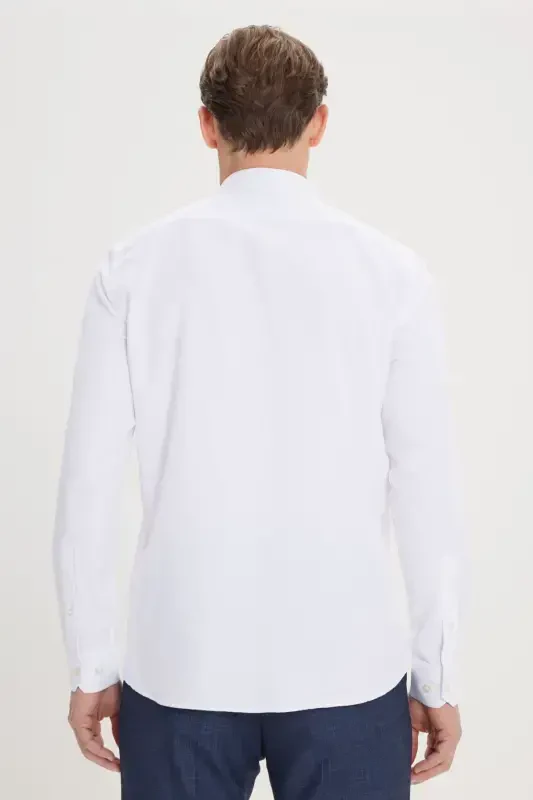 Erkak Oq Oson Dazmollanadigan Slim Fit Tor Kesimli Paxta Klassik Yoqali Armürli Ko'ylak-KLASSIK YOQA - 5