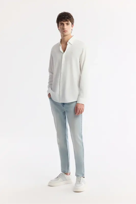 Erkak Oq Pastdan Britli Yoqali Viskoza Aralash Ja - 1