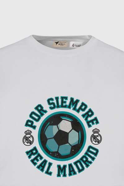 Erkak Oq Real Madrid Litsenziyali Katta O'lchamli Bo'sh Fit 100% Paxta Velosiped Yoqali Futbolka - 17
