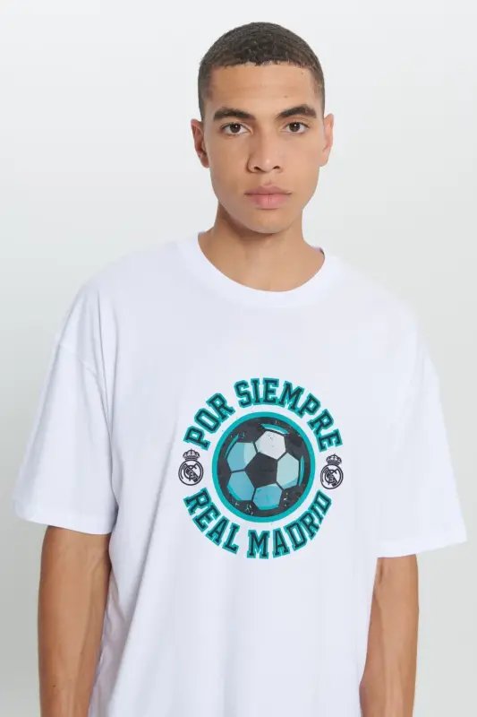 Erkak Oq Real Madrid Litsenziyali Katta O'lchamli Bo'sh Fit 100% Paxta Velosiped Yoqali Futbolka - 5