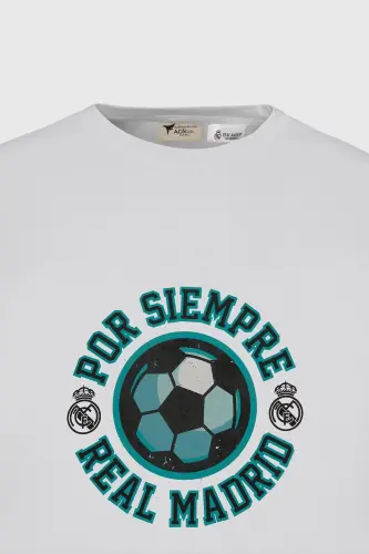 Erkak Oq Real Madrid Litsenziyali Katta O'lchamli Bo'sh Fit 100% Paxta Velosiped Yoqali Futbolka - 8