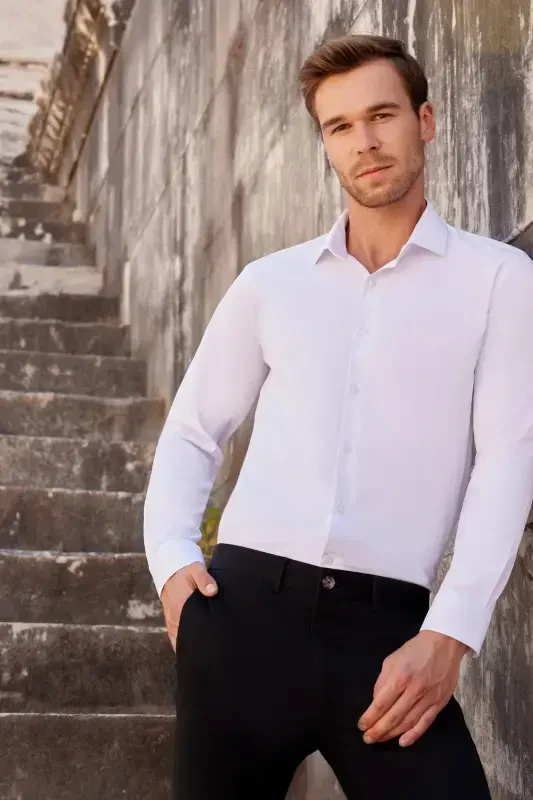 Erkak Oq Slim Fit Tor Kesilgan Tekis Qattiq Yoqali Uzun Qisma Ko'ylak - 4