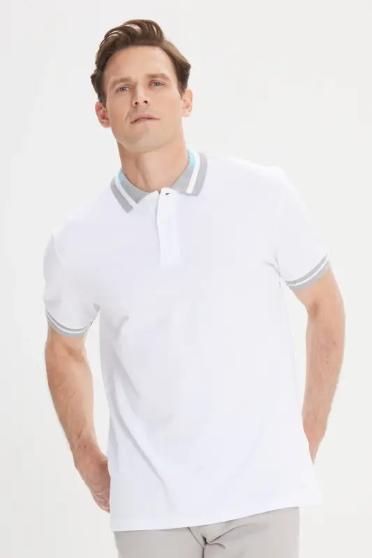 Erkak Oq Slim Fit Tor Kesimli 100% Paxta Bukilmaydigan Polo Yoqali Futbolka - 7