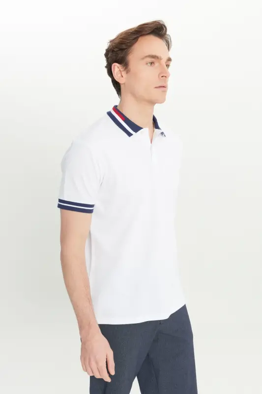 Erkak Oq Slim Fit Tor Kesimli 100% Paxta Bukilmaydigan Polo Yoqali Futbolka - 5