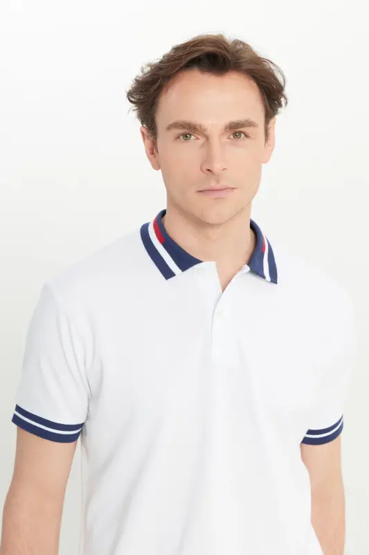 Erkak Oq Slim Fit Tor Kesimli 100% Paxta Bukilmaydigan Polo Yoqali Futbolka - 6