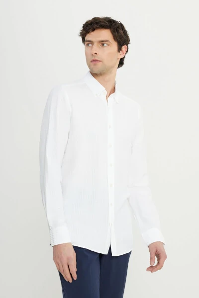 Erkak Oq Slim Fit Tor Kesimli Tugmali Yoqali Armür - 3