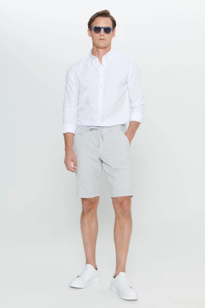 Erkak Oq Slim Fit Tor Kesimli Tugmali Yoqali Chiziqli Flamli Ko'ylak - 2